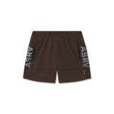 Flatlay of Tetra-Lite Adventure Short in dark earth brown with gray mesh side panels, shot from above