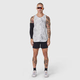 Aerotex Perforated Run Tank in Sedona Snow Camo worn with black shorts, front view