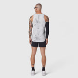 Aerotex Perforated Run Tank in Sedona Snow Camo, worn by model from back, paired with black shorts