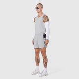 Aerotex Distance Run Short in Slate Grey, modeled on male figure with white compression sleeve and white socks