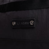 Flatlay 1234 Ripstop Duffle Bag in black, detail view of ASRV logo label