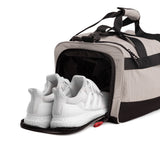 Flatlay 1234 Ripstop Duffle Bag in Chai with white sneakers in shoe compartment