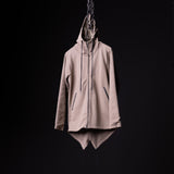 Beige zip hoodie on hanger against black background, front view