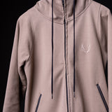 WN'17 Zip Hoodie in mauve with black drawstrings and side zippers, front view on model