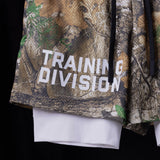 flatlay Training Division Mesh Shorts in camo with white underlay, front view