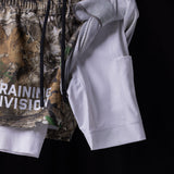 Training Division mesh shorts in white and camo, layered display shot