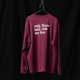 SM'22 Graphic Long Sleeve in burgundy displayed on hanger, back view showing white text