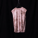 Pink tie dye cutoff tank on hanger against black background, front view
