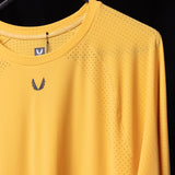 SM'24 Established Long Sleeve in yellow, front view on model showing perforated fabric detail