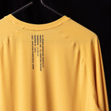 SM'24 Established Long Sleeve in yellow on hanger, back view showing text detail