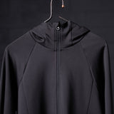 Black full zip training hoodie on hanger, front view