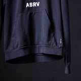 Koi Graphic Hoodie in navy blue, front detail shot showing pocket and hem
