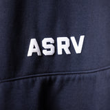 Koi Graphic Hoodie detail closeup showing ASRV logo embroidered in white on navy fabric