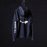 Koi Graphic Hoodie in navy blue, displayed on hanger showing back with white koi fish design and Japanese characters on sleeve