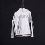 ASRV Weather Ready Hoodie in light gray, hanging on chain against dark brick background