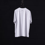 SM'23 Oversized Logo Tee in white, displayed on hanger against black background, back view