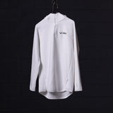 White ASRV Scuba Hoodie displayed on hanger, back view showing logo and full-length sleeves