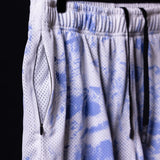 SM'21 Tie Dye Mesh Liner Short in blue and white, closeup of waistband and fabric detail