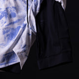 Tie dye mesh liner short in blue and white, detail shot of fabric texture and construction