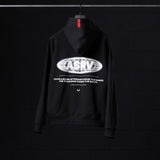 Flatlay Tech-Terry™ Zip Pocket Hoodie in black with 'Global Reach' graphic print, front view
