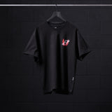 Black Tech Essential Relaxed Tee with red neon 'Infinite Mindset' graphic, displayed on hanger