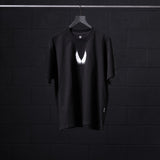 Black Tech Essential Relaxed Tee with white Motion Blur graphic, displayed on hanger