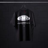 Black Tech Essential Relaxed Tee with 'Global Reach' graphic design on hanger