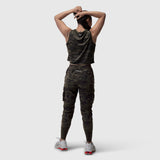 AeroSilver Tank Top in dark camo worn with matching cargo pants, back view