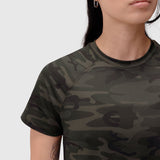 AeroSilver® Cropped Tee in Dark Camo worn by model, front view