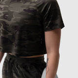 AeroSilver® Cropped Tee in Dark Camo worn by model, front view