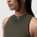 W023 Lycra Ribbed Mockneck Tank in olive, worn by model, side view
