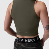 Olive ribbed mockneck tank worn by model, back view showing 'Relentless Pursuit' text