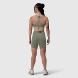 W039 Lycra Hybrid Sports Bra in sage, back view on model with matching shorts