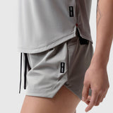 Laser-Vent Established Tee in slate grey worn with matching shorts, detail view
