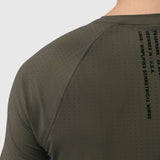Laser-Vent Established Tee in olive worn by model, back view showing perforated fabric detail