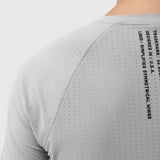 Laser-Vent Established Tee in slate grey worn by model, back view detail