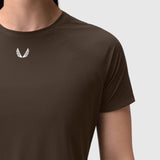 Laser-Vent Established Tee in dark earth worn by model, front view