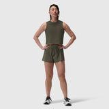 Aerotex Side Split Run Short in olive, worn by model standing front-facing