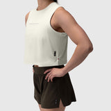 AeroSilver Tank Top in ivory cream worn with black shorts, side view
