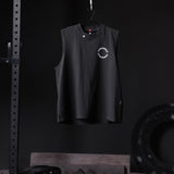Black Tech Essential Relaxed Cutoff sleeveless shirt on hanger, front view