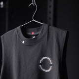 Black Tech Essential Relaxed Cutoff tank top on hanger, front view with circular logo detail