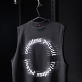 Black Tech Essential Relaxed Cutoff tank top on hanger, back view with 'relentless pursuit' text design