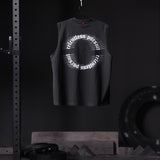 Black Tech Essential Relaxed Cutoff tank top with 'RP Blur' circular text design, displayed on hanger