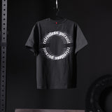 Black Tech Essential Relaxed Tee with 'RP Blur' circular text design, hanging on hanger