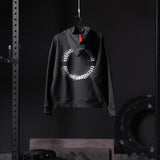 Flatlay Tech-Terry Zip Pocket Hoodie in black with circular text graphic, front view