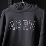 Flatlay Tech-Terry Zip Pocket Hoodie in black with white ASRV outline lettering