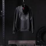 Flatlay Tech-Terry Zip Pocket Hoodie in black with outline wings graphic, back view