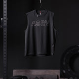 ASRV Tech Essential Relaxed Cutoff sleeveless tank in black with outline logo, displayed on hanger