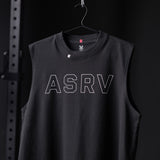 ASRV Tech Essential Relaxed Cutoff black muscle tank with outline logo, front view on hanger