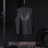 Black Tech Essential Relaxed Cutoff vest with white wing outline graphic, hanging on display